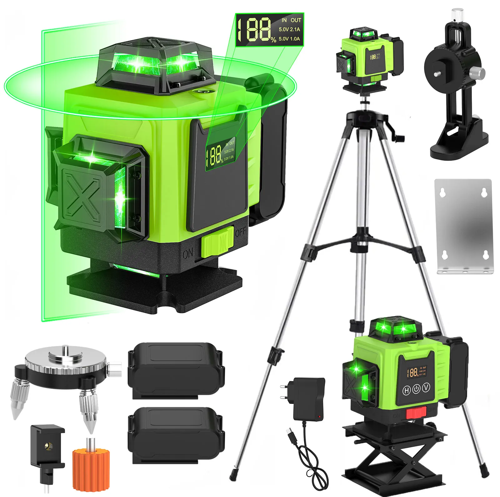 16-liniowy poziom laserowy 4D 360 ° Samopoziomujący, poziomy i pionowy, krzyżowy, supermocny, zielony laser z statywem