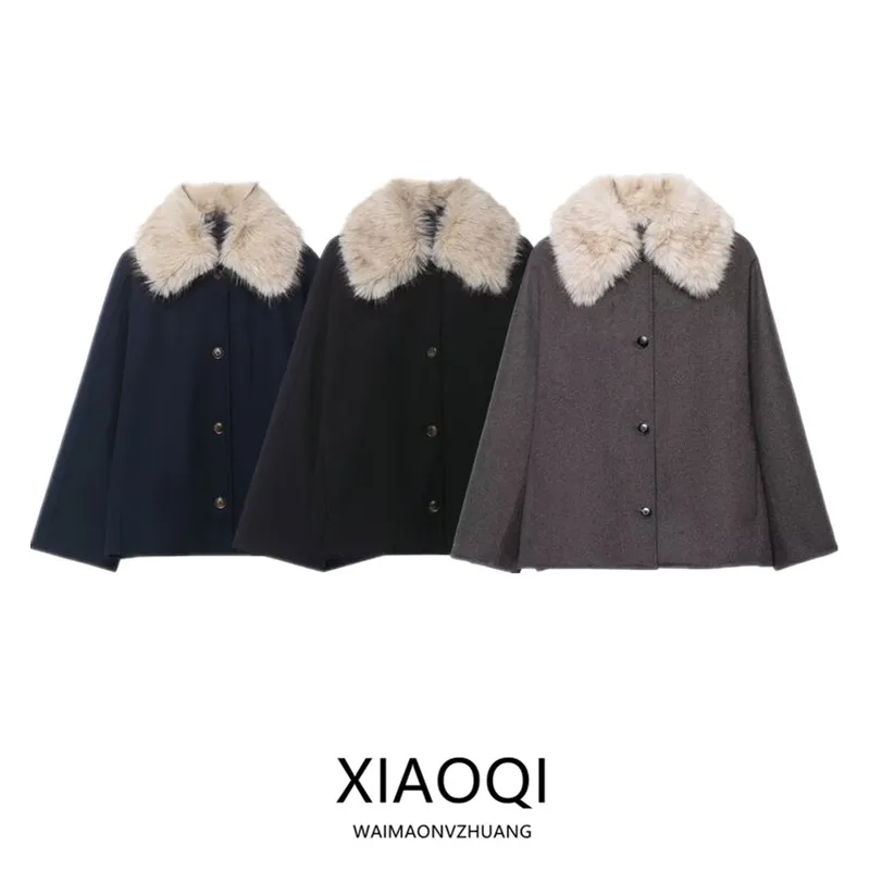 

Fall 2025 New Women's Design Sensation Artificial Fur Effect Jaet Coat Loose Fit Long Sve Button Closure Stand Length