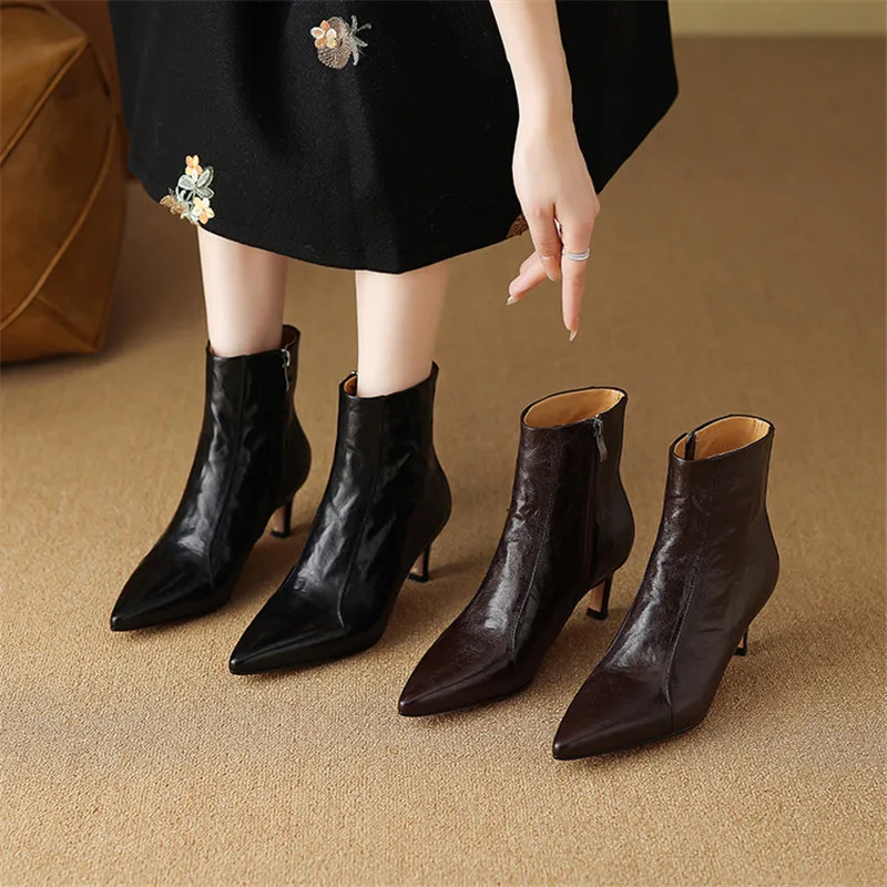 

New Autumn Winter Sheep Leather Women Boots Pointed Toe Boots for Women Fashion Retro High Heels Stiletto Heel Short Boots