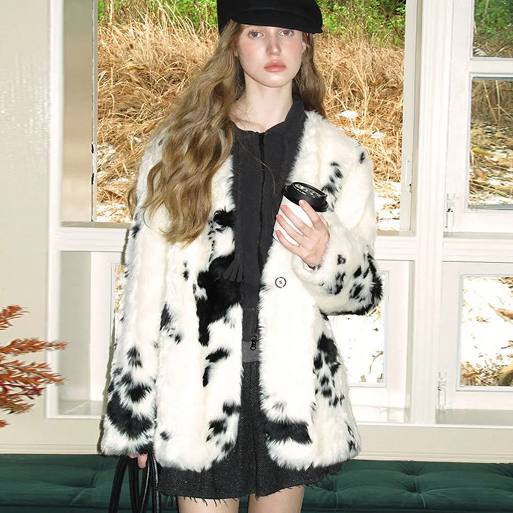 Herfst Winter Faux Vossenbont Jas Vrouwelijke Mode Revers Pluche Overjas Koe Kleur Parka Losse Faux Bontjas Vrouwen Kleding 2025