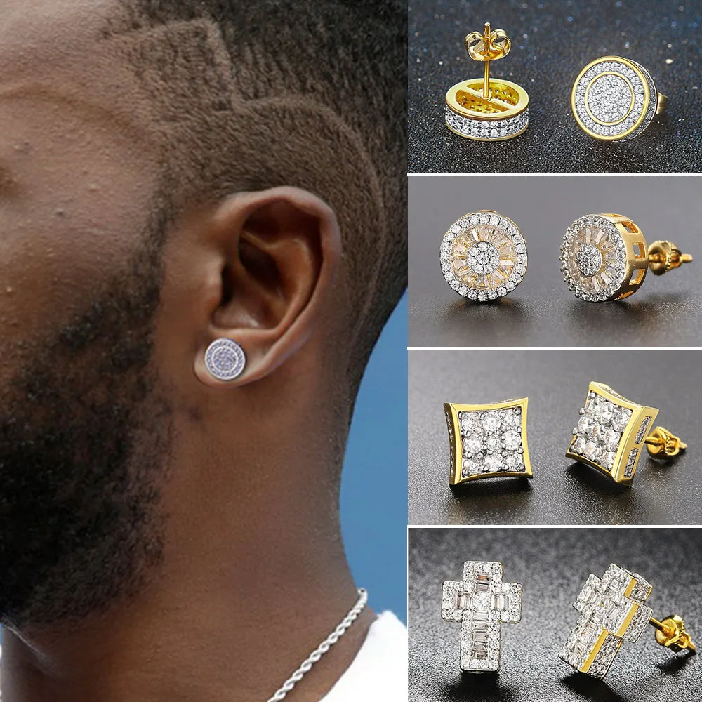 Bling Iced Out Hip Hop Ice Studded Ear Earring for Men 31 Style Zircon Gold Color Piercing Accessories Trend Rock Jewelry Gifts