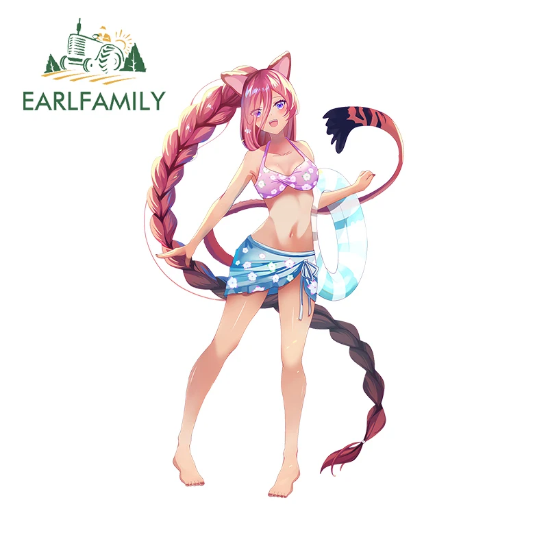 EARLFAMILY 13cm x 8.7cm Beach Swimming Ring Girl Car Stickers Anime Animal Act Custom Surfboard Decal Funny Windshield Decor