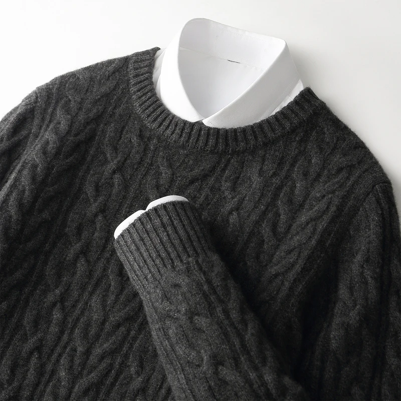 CHICUU 가을 겨울 남성용 두꺼운 O넥 케이블 니트 풀오버 스웨터 100% 메리노 울 니트 점퍼 따뜻하고 편안한 캐시미어 의류