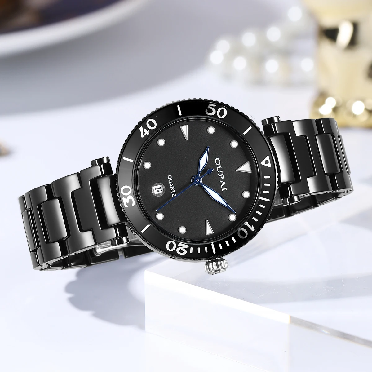 Oupai watch women's black ceramic Japan quartz move fashion simple luminous calendar simple waterproof