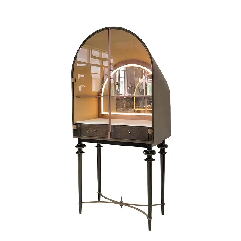 Italian light luxury retro arched glass display cabinet, high-end designer solid wood wine cabinet