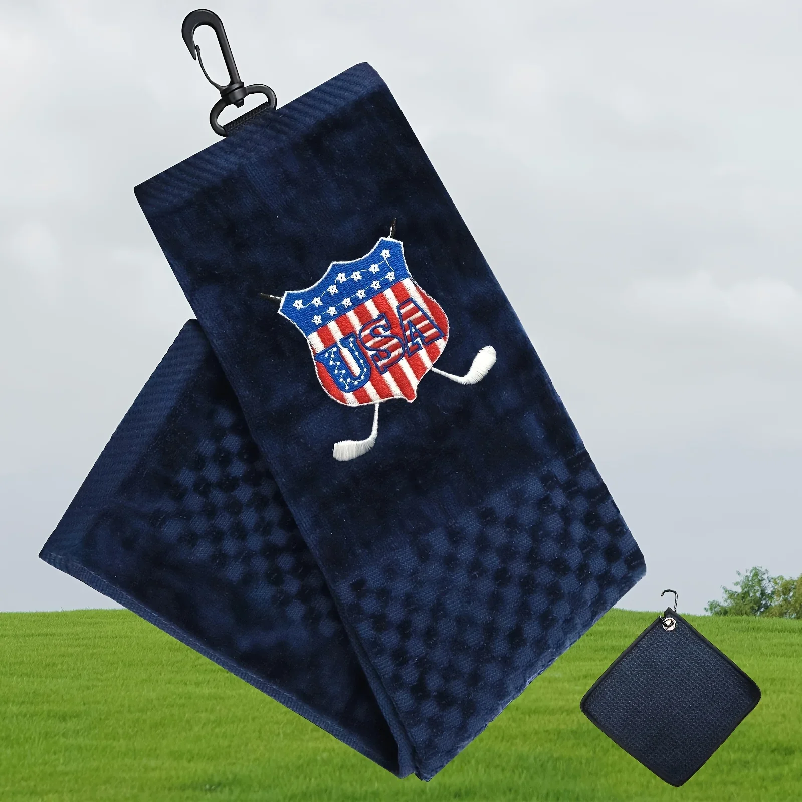 American Flag Embroidered Golf Towel Set with Perforated Ring Clip - Includes 16 ‘x22’ Tri-Fold Towel 1pack