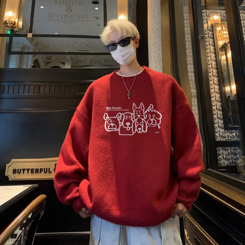 

Мужские свитера большого размера, осенний белый вязаный свитер, модная повседневная одежда с принтом собаки в стиле аниме для мужчин, вязаные пуловеры, мужская одежда