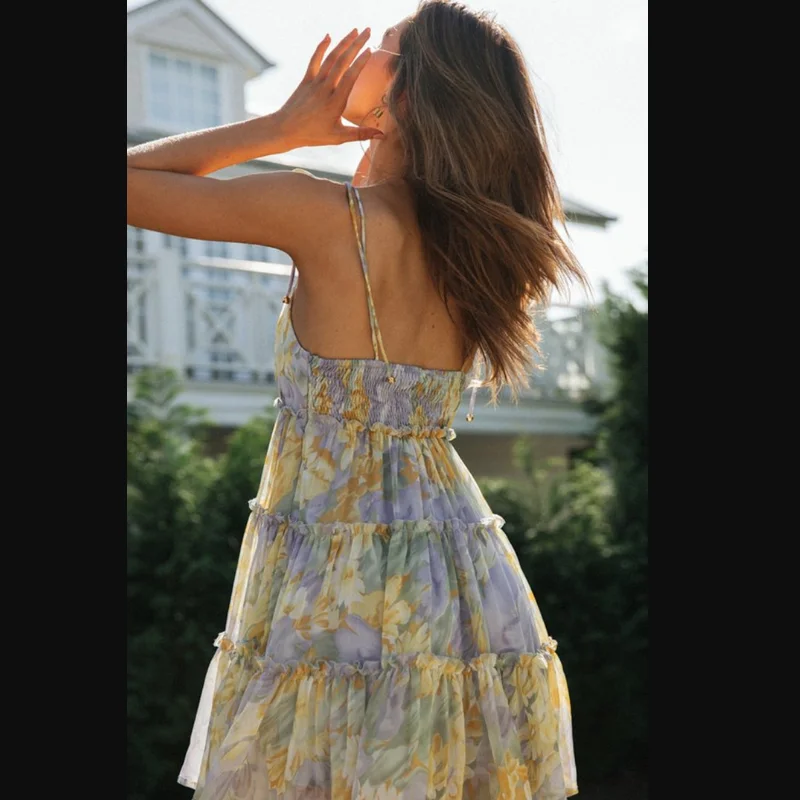 เดรสสลิปพิมพ์ลายดอกไม้สำหรับผู้หญิง เดรสวันหยุดเซ็กซี่มีซับใน เดรสราตรีหรูหรา