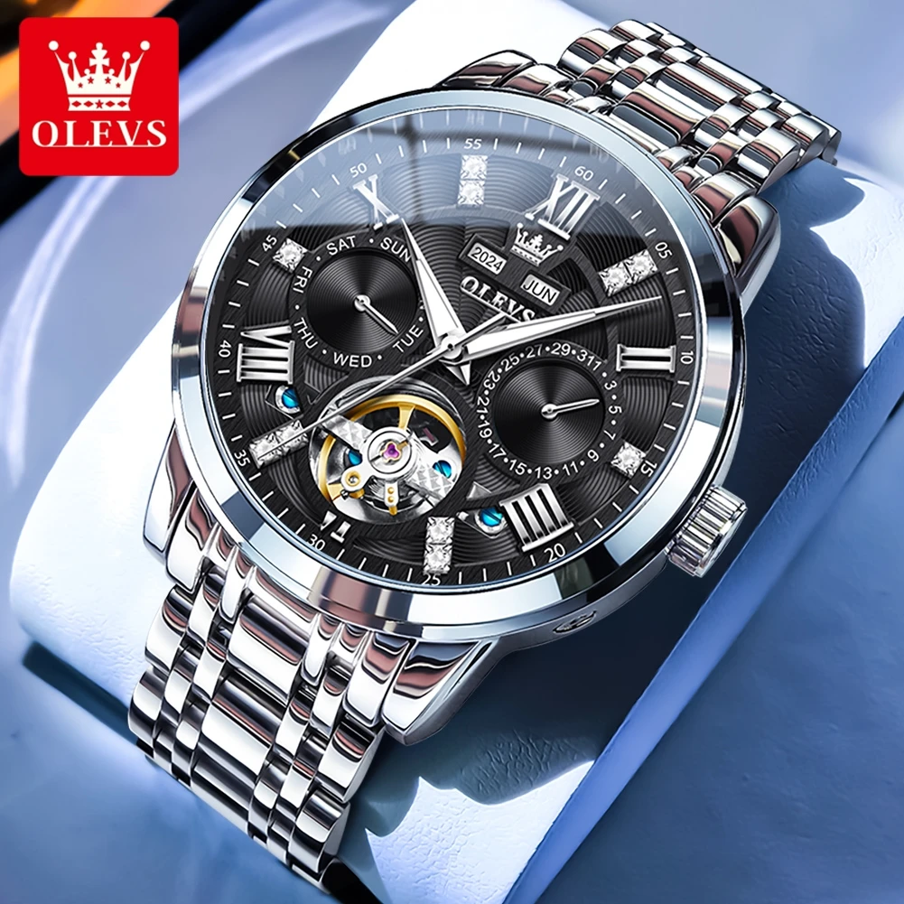 

OLEVS 6701 Brand original authentic watches for man luxury Gift Box Steel band tourbillon mechanical men's watch