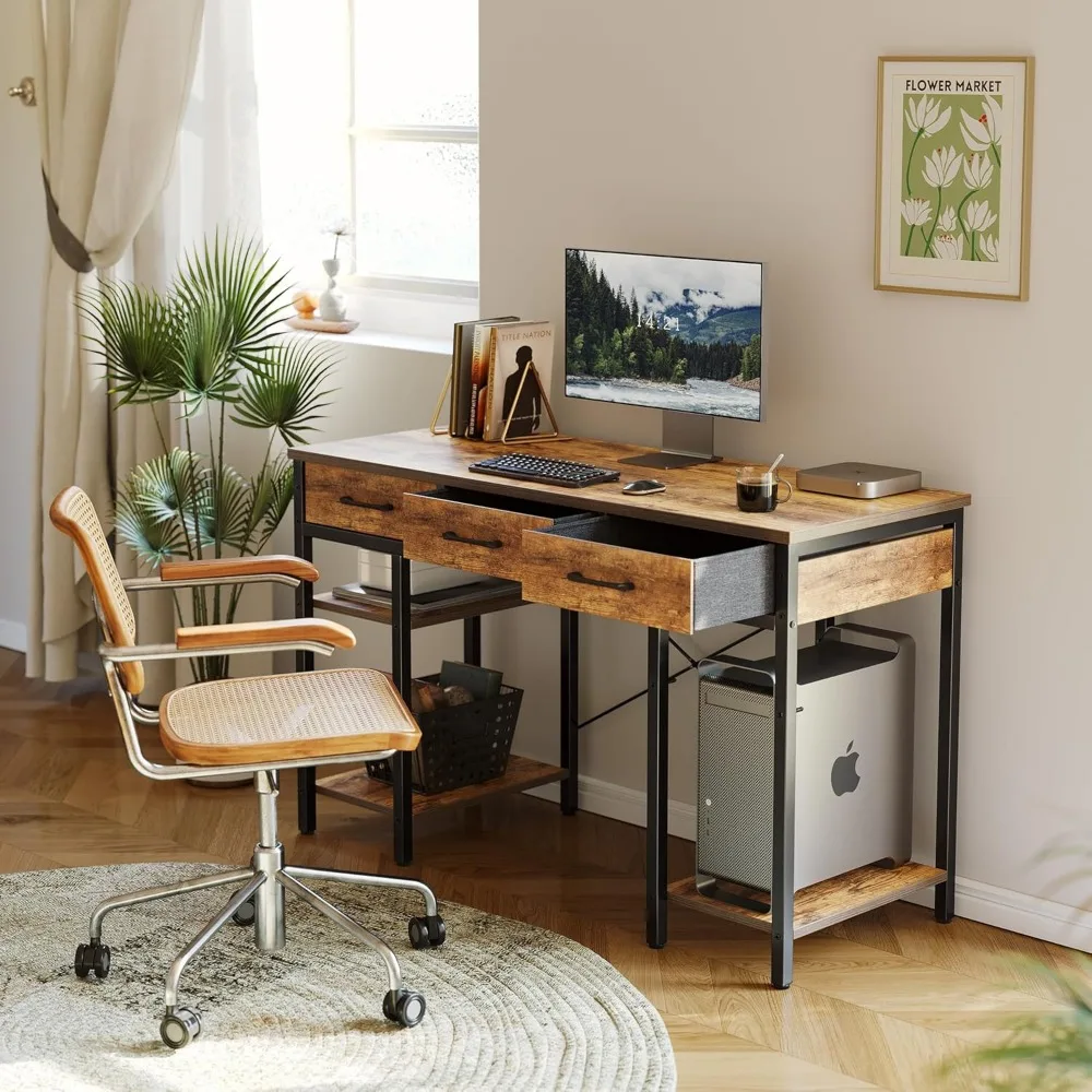 

47 Inch Computer Desk with 3 Drawers and Storage Shelves, Small Home Office Desk, Study Writing Gaming Table, Small Desk for Be