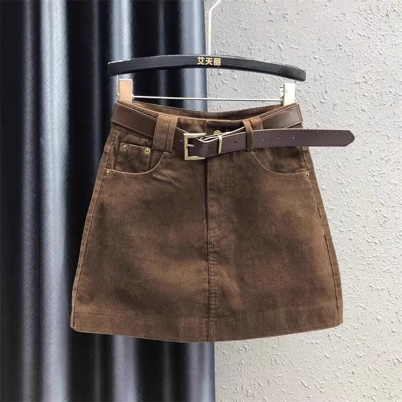 Retro Coffee Corduroy Skirt Women's Spring, Autumn and Winter High Waist and Thin A-word  Short Skirt Hip Skirt