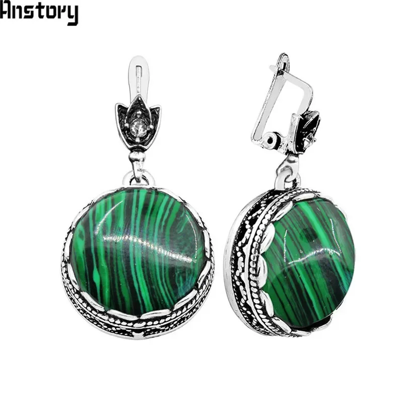 Round Synthetic Malachite Earrings For Women Antique Silver Plated Party Hollow Flower Pendant Fashion Jewelry