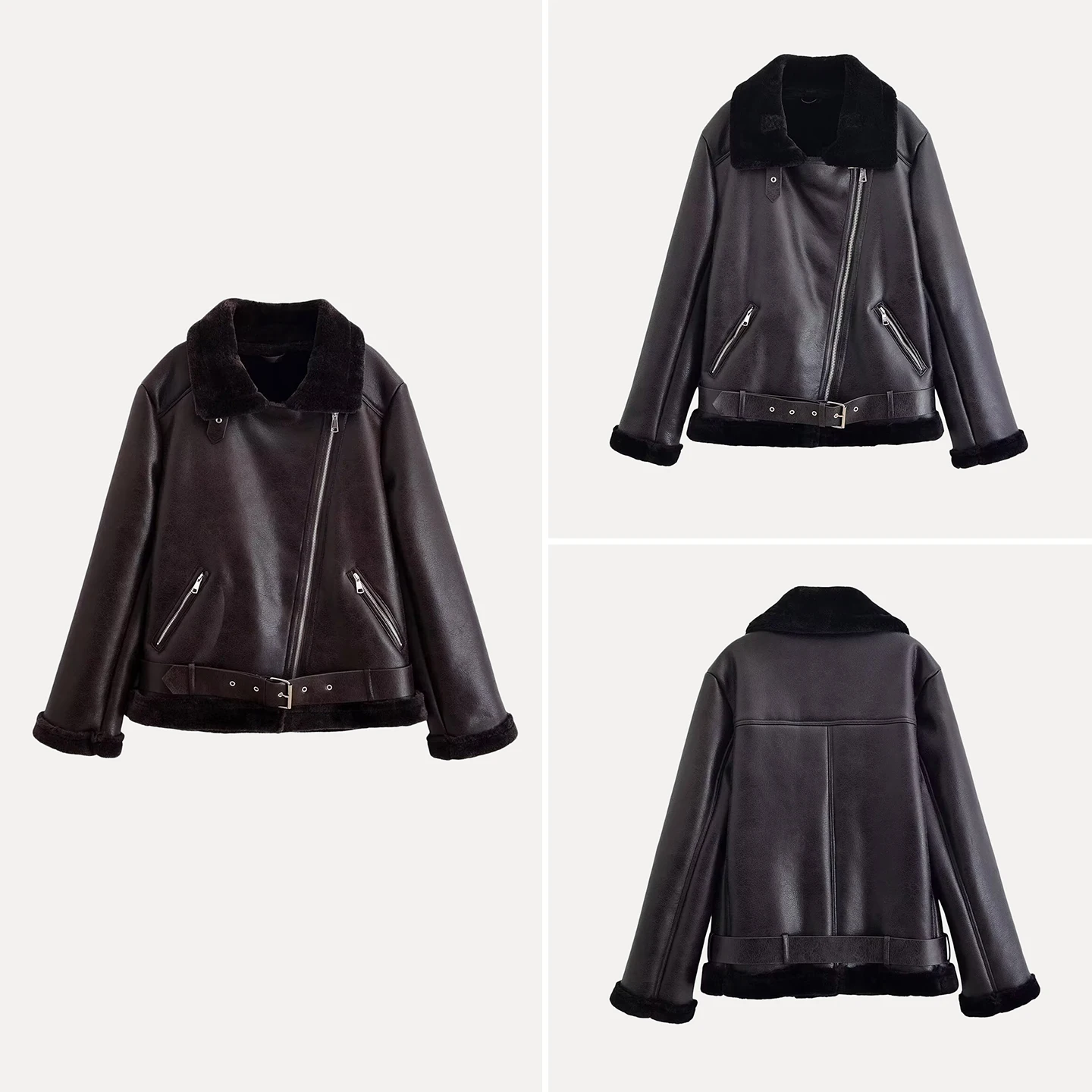 

2025 Autumn New Women's Biker Jaet Fur Leather Inteated Double Color Ladies ort Outerwear Stand Fit Z