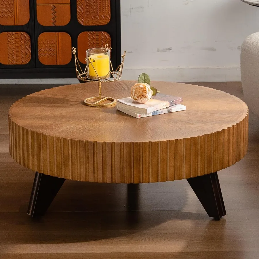 طاولة قهوة خشبية مستديرة كبيرة الحجم 35.4 على طراز طبلة المزرعة العتيقة مع قاعدة مخددة من الخشب الصلب لغرفة المعيشة