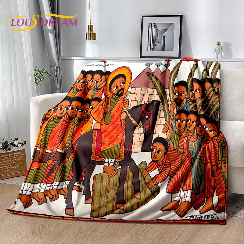 Ethiopian Art Painting Cartoon Africa Plush Blanket,Flannel Blanket Throw Blanket for Living Room Bedroom Bed Sofa Picnic Hiking