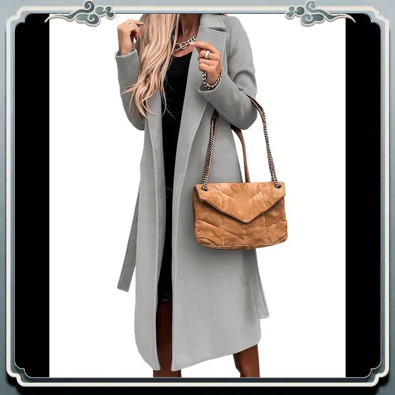 

AC76-Women's Notched Lapel Long Sleeves Slim Mid-Long Wool Blend Outerwear Casual Fall Winter Coats With Belt Light Grey S
