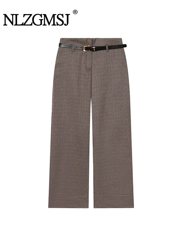 NLZGMSJ النساء 2026 ربيع الخريف فحص السراويل عالية الخصر السراويل المستقيمة الإناث بناطيل كاجوال مع حزام بانت Y2K