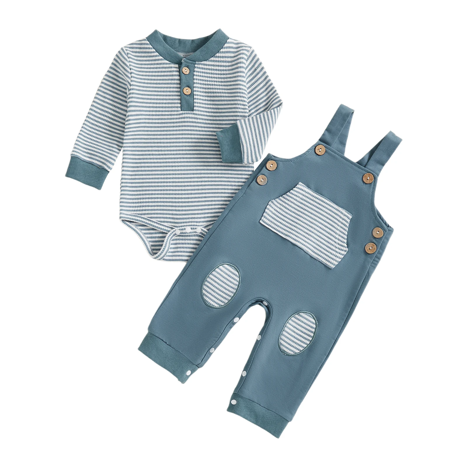 

Baby Boys 2Pcs Fall Outfits Long Sleeve Stripes Print Romper with Overalls Set Newborn Clothes