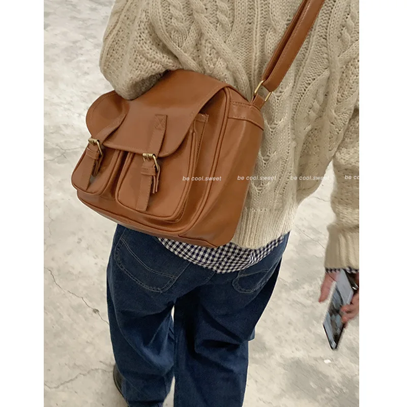 New Trend Street Shoulder Bag Youth Japanese Korean Vintage Leather Small Square Bag Casual Cross Straddle Bag Riding Shoulder