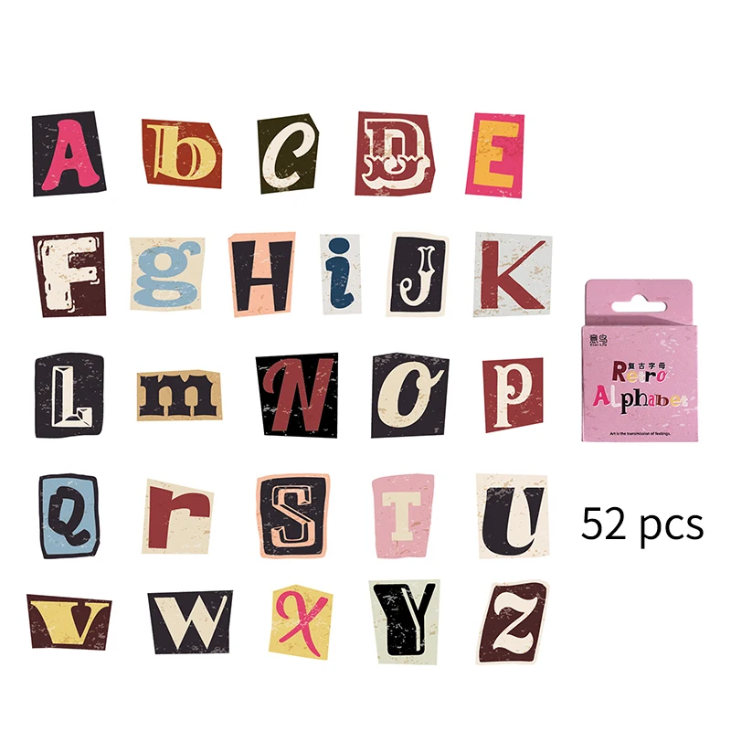 

52-Sheet A-Z Retro Alphabet Stickers, Vintage Font & Classic Color, Self-Adhesive for Journal DIY & Scrapbook Deco