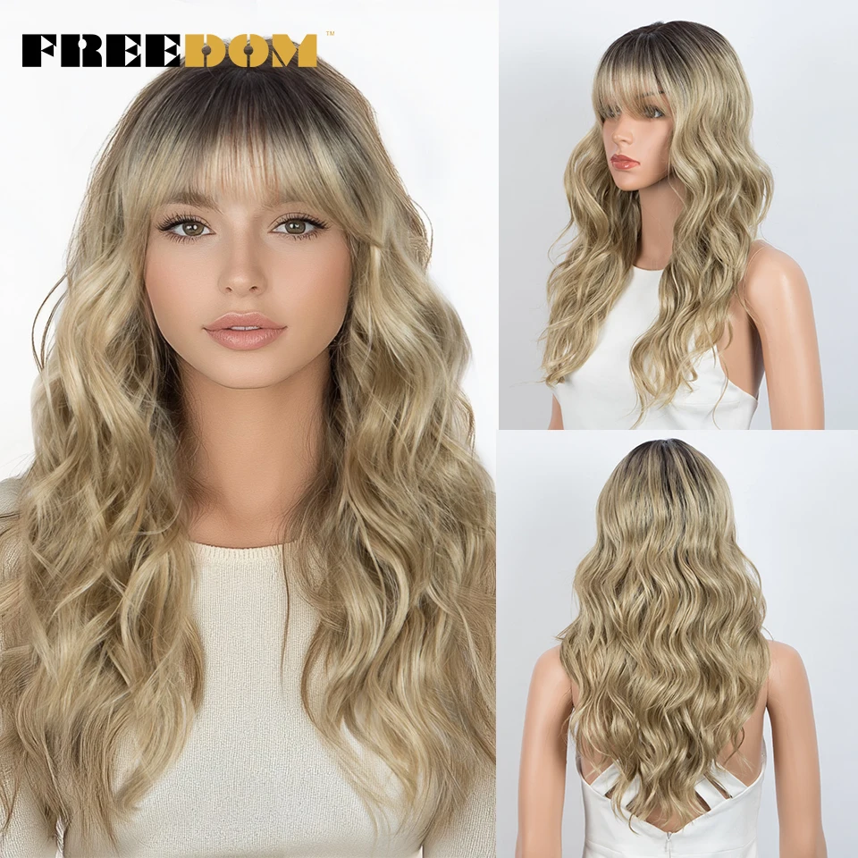 

FREEDOM Synthetic Lace Front Wigs For Women Long Ombre Blonde Body Wave Lace Wig With Bangs Heat Resistant Cosplay Wigs