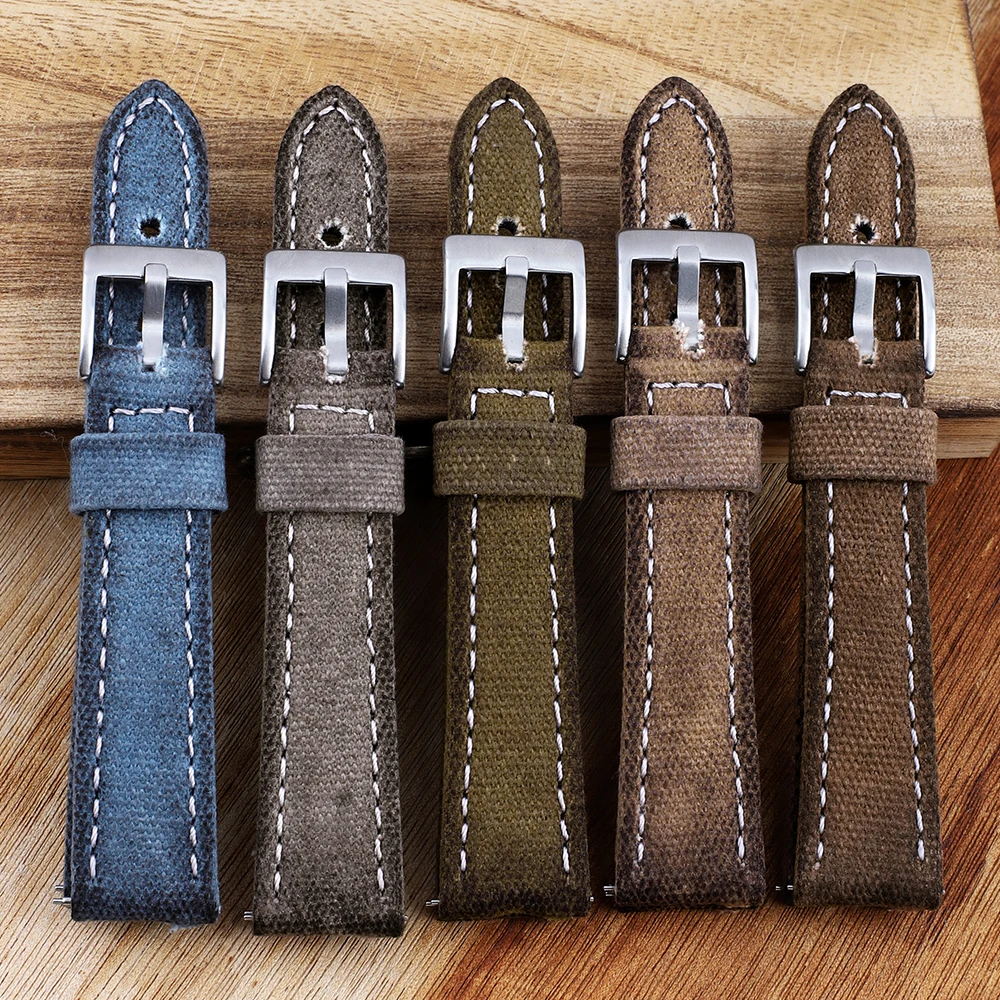 Handmade Canvas Watch Band 18 19 20 21 22 24mm Retro Watchband Men Watch Bracelet Strap Replacement Belt Gray Blue Brown Green