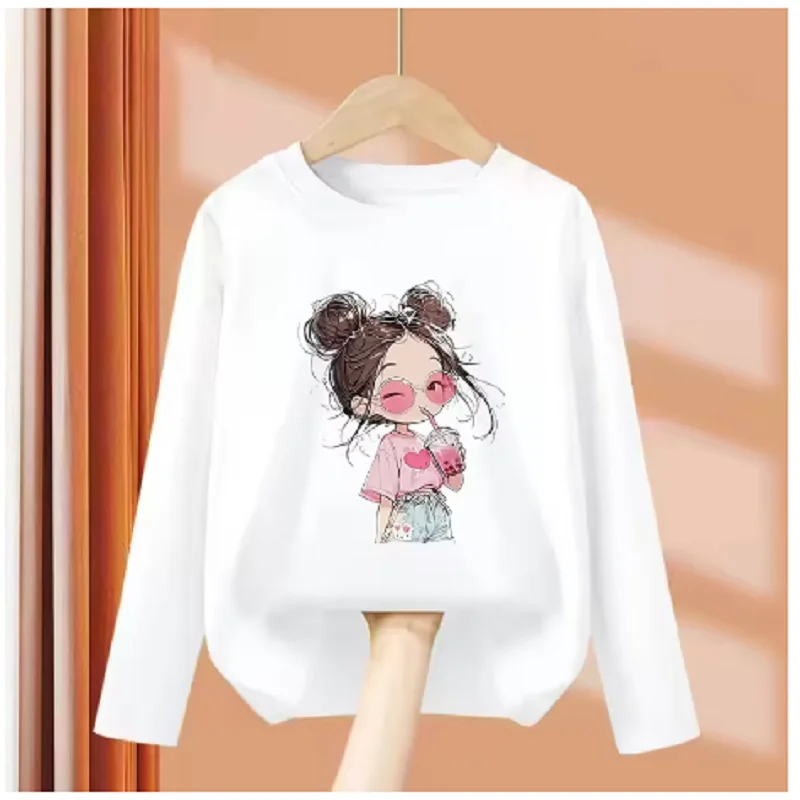 Long Sleeve Y2k Hip Hop Retro Cute Girl Drink Juice T Shirts Kids Children's T-shirt Girls Summer Spring Casual Top Tee Shirt
