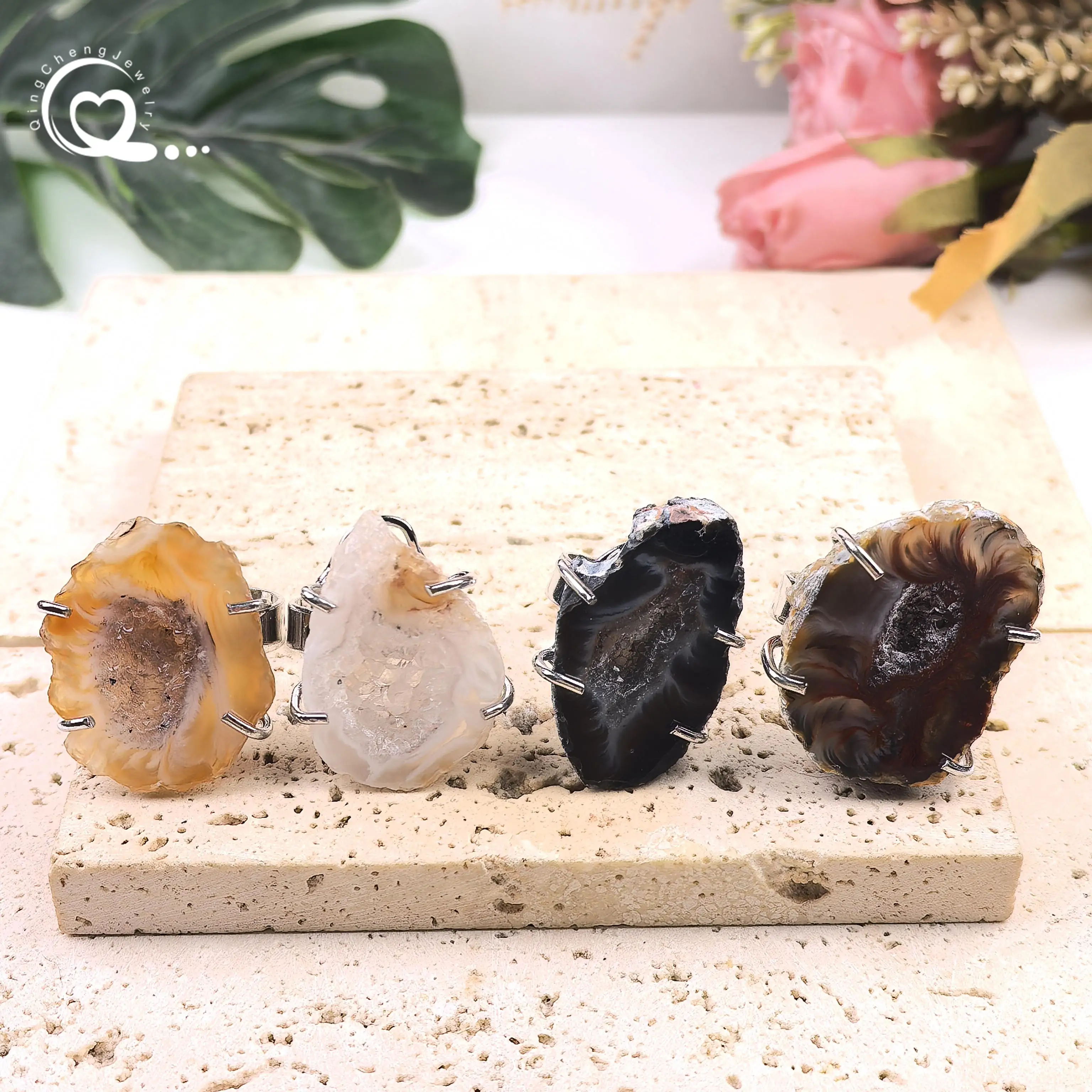Natural Agate Geode Ring Healing Crystal Quartz Druzy Drusy Slice Slab Adjustable Ring Women Fashion Jewelry Dropshipping,QC4242