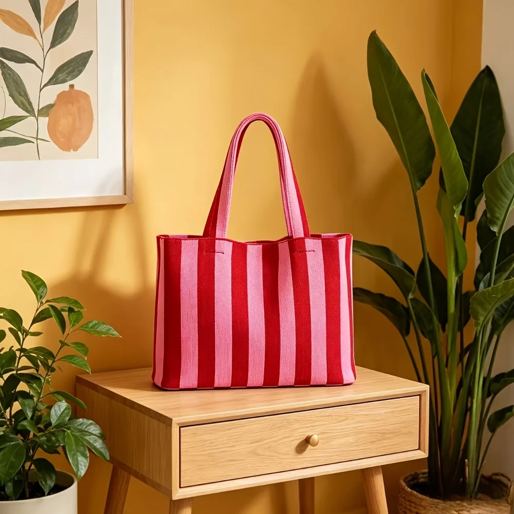 2026 New Bohemian Style Knitted Striped Woven Bag Large Capacity Yarn Handheld Tote Bag view 4