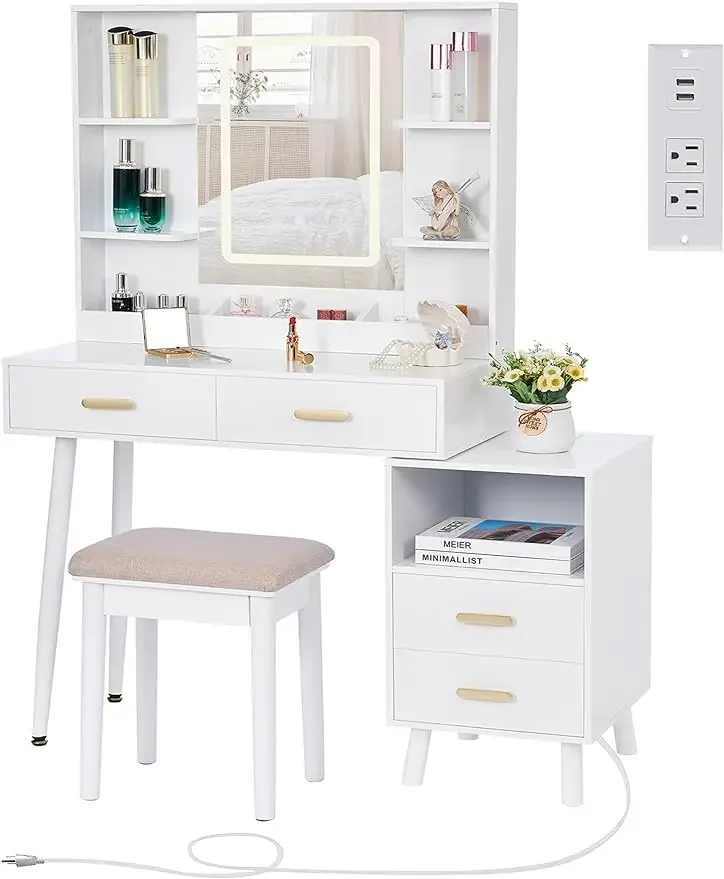 مكتب فانيتي، فانيتي بيضاء مع قاعدة شحن ومنضدة، مكتب مكياج مع أضواء مع 3 ألوان #1
