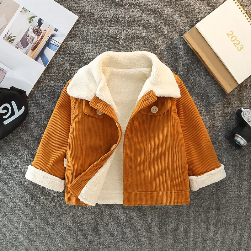Unisex Winter-Wärmemantel für Kleinkinder Retro Cordstoff Flauschig Sherpa-Gefüttert Fleecekragen Knopfverschluss Vorne Kinderjacke – Detail 9