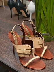 Thin High Heel Back Strap Sandals Open Toe Leather Brown Beige Color Retro Women Summer Sandals Slingback High Heel Sandals