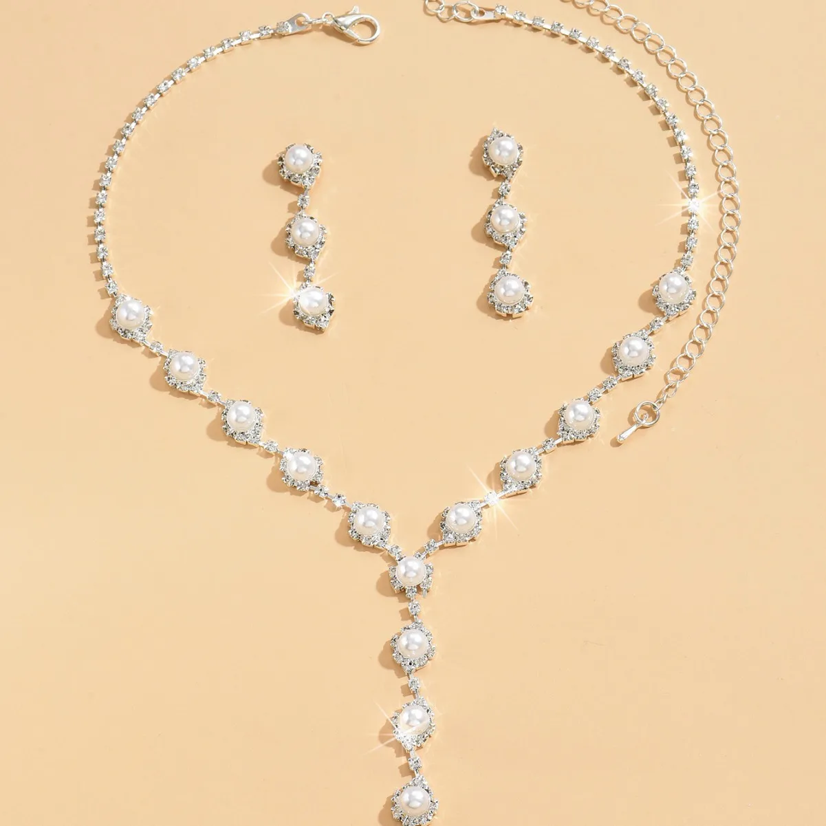 TREAZY Trendy Faux Pearl Crystal Bridal Jewelry for Women Long Drop Choker Necklace Earrings Sets Fashion Wedding Jewelry Sets