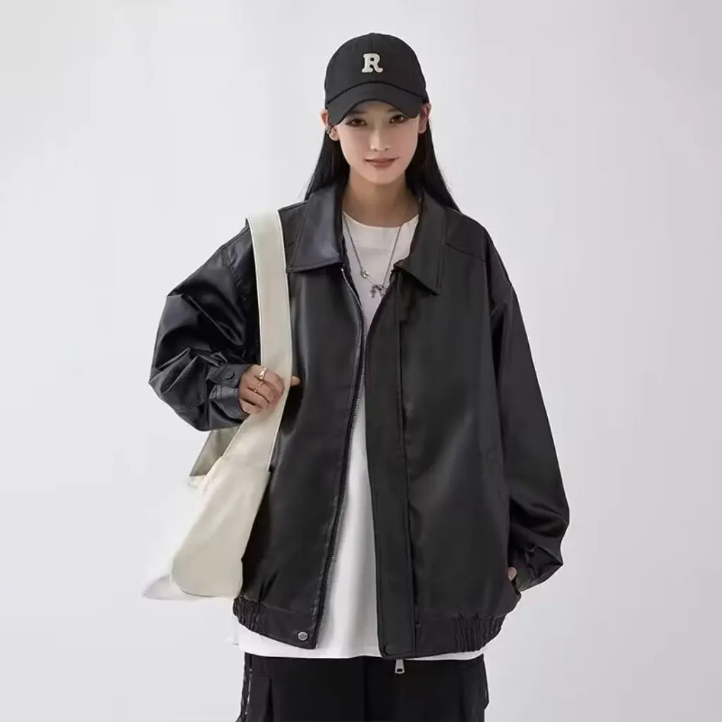Men's And Women's Autumn PU Leather Hip Hop Jacket Retro American Motorcycle Style Solid Color Handsome Outerwear