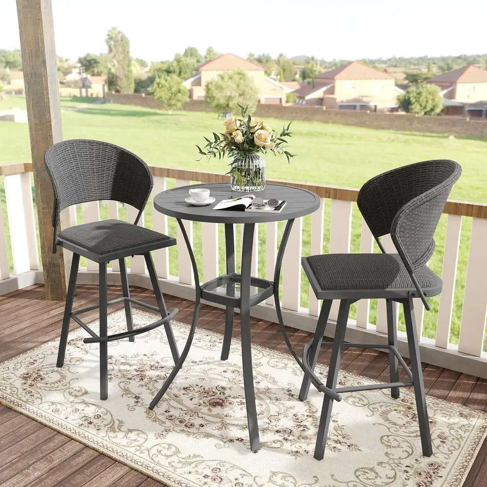 

28 Grey Metal Patio Bar Set with 2 Swivel Wicker Outdoor Bar Stools
