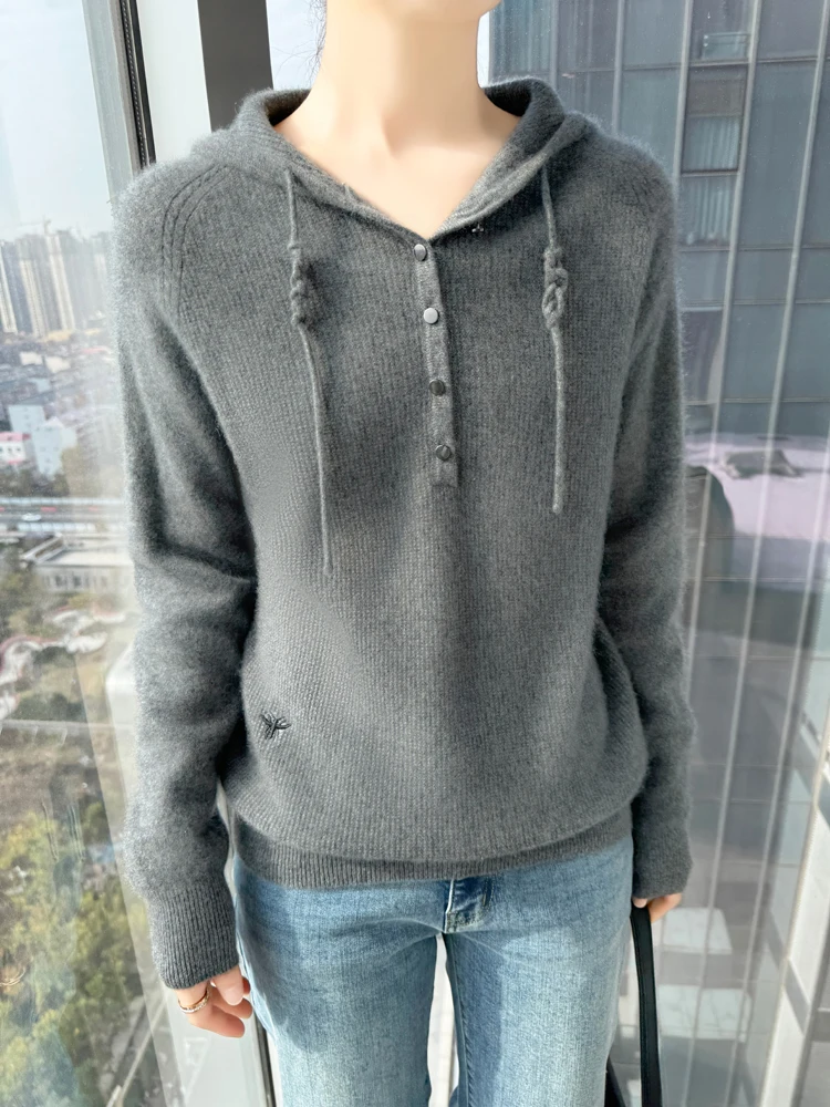 Fashionable 100% Merino Wool Sweater Women's Hooded Knitted Pullover Soft Long Sleeve Cashmere Autumn Winter for Clothing Top