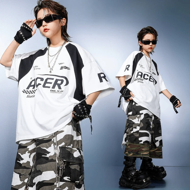 

Boys Street Dance Hip Hop Dance Clothes Sets Summer Baggy Wear White Tops Camo Shorts Group Jazz Practice Clothing Kpop Outfit
