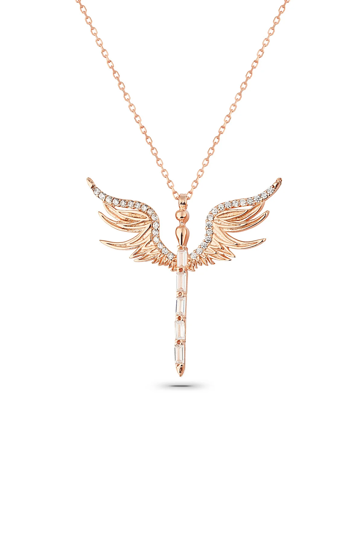 Baguette Zircon Angel Wing Pendant Rose Gold 925 Sterling Silver Necklace