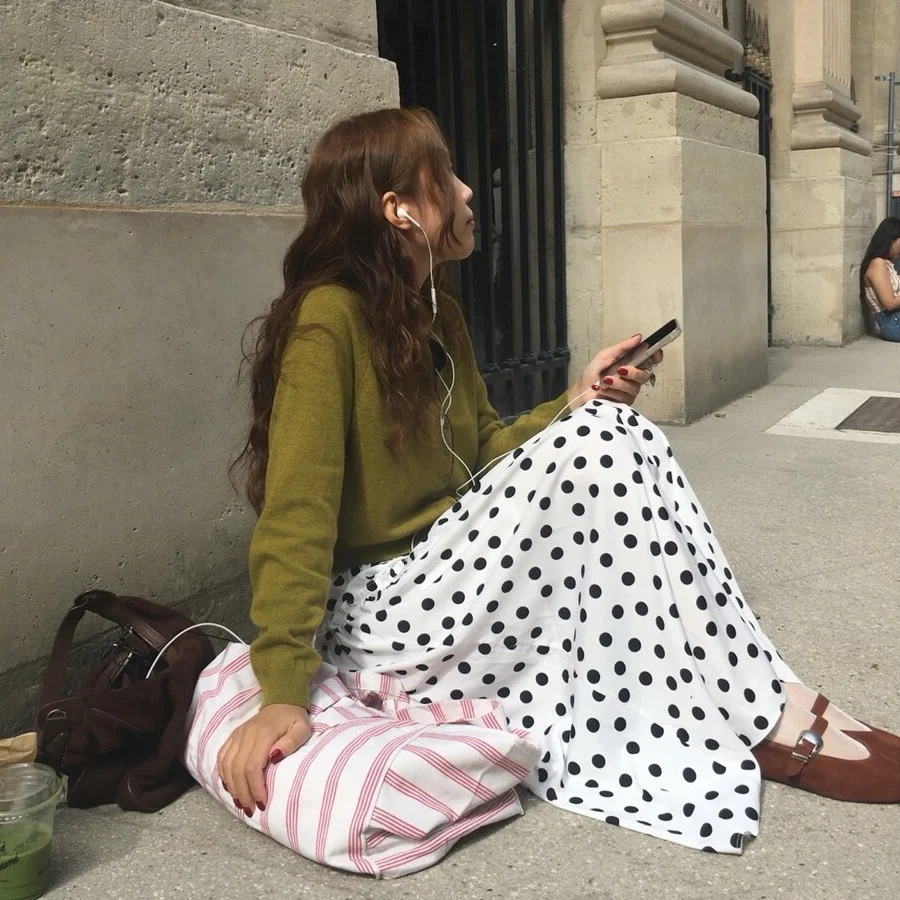 チ � ngqing Dongda Gate ヴィンテージ カジュアル 水玉模様 ウエストゴム ミドル丈 スカート 韓国風 スプリング 秋 冬