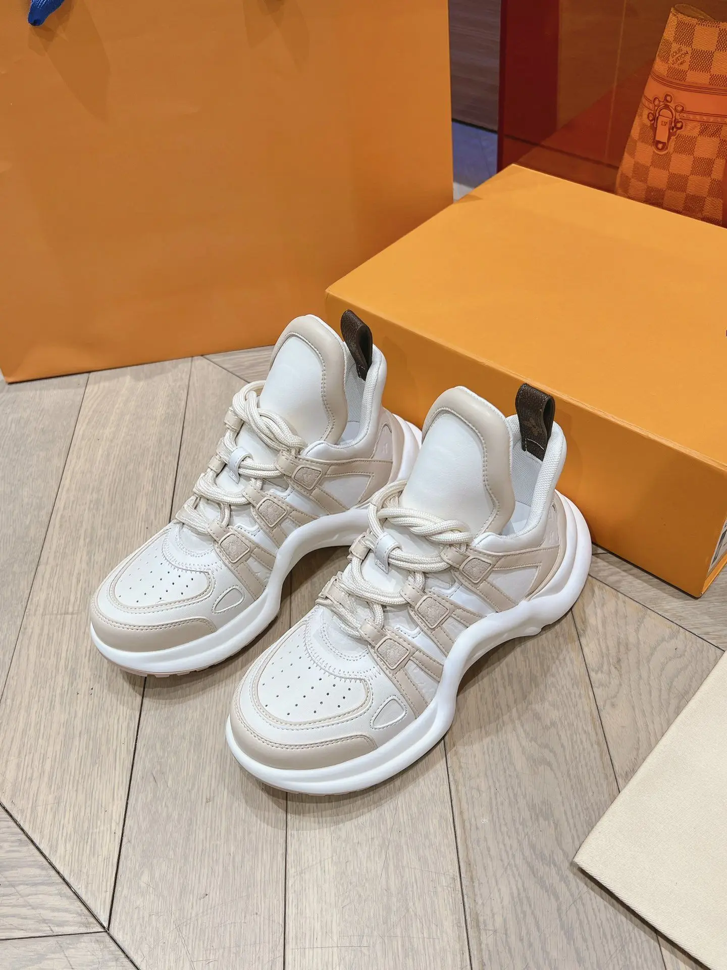 Unisex Cream White Beige Patchwork Chunky Sneakers Perforated Leather Upper Multi Strap Lace Up Thick Sole Casual Walking Shoes