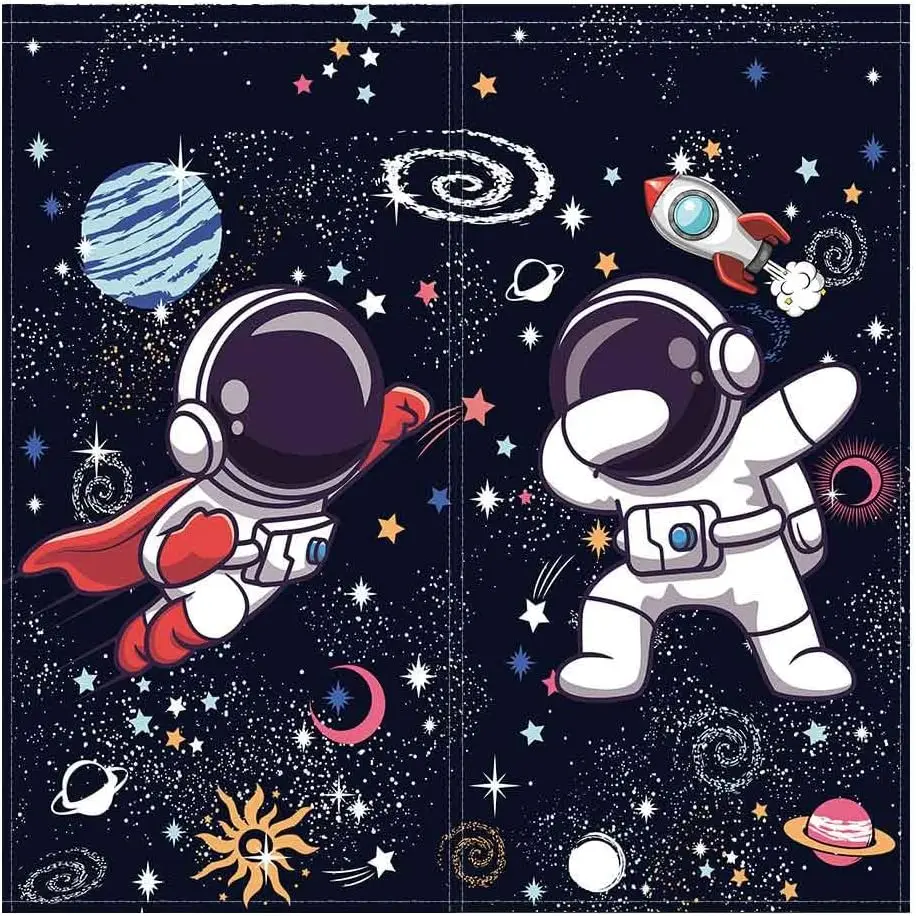 Space Astronaut Planet Curtains, Cosmic Rocket Shuttle Print Rod Pocket Darkening Drapes for Boys Kids Bedroom Living Room Home