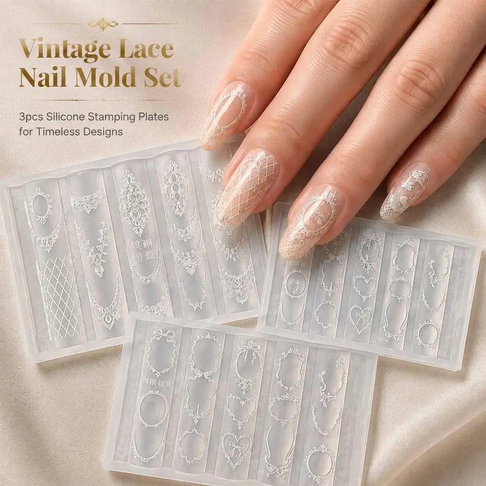 1Pc Silicone Nail Art Mould Hook‑Needle Embossed Retro Lace Bow Heart Frame Mold For Custom UV Gel Nail Art Styling Design