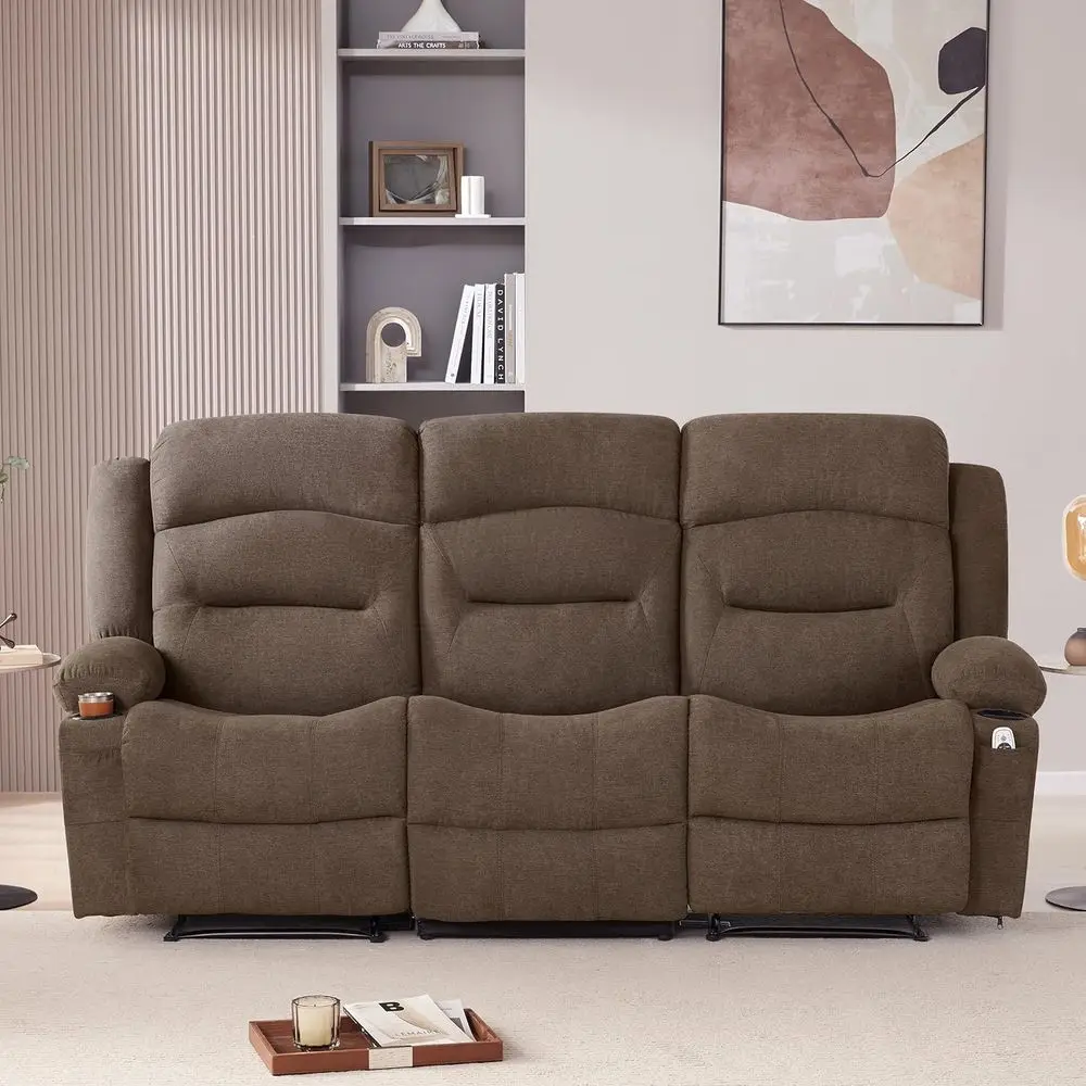 

Extra-Large 3-Seat Reclining Sofa with Heat, Massage, Cup Holders, and USB Port - Brown Fabric