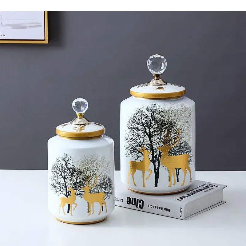 Forest Deer Painted Storage Jar Ceramic Vases Porcelain Candy Jars with Lid Dressing Table Cosmetic Containers Nordic Home Decor