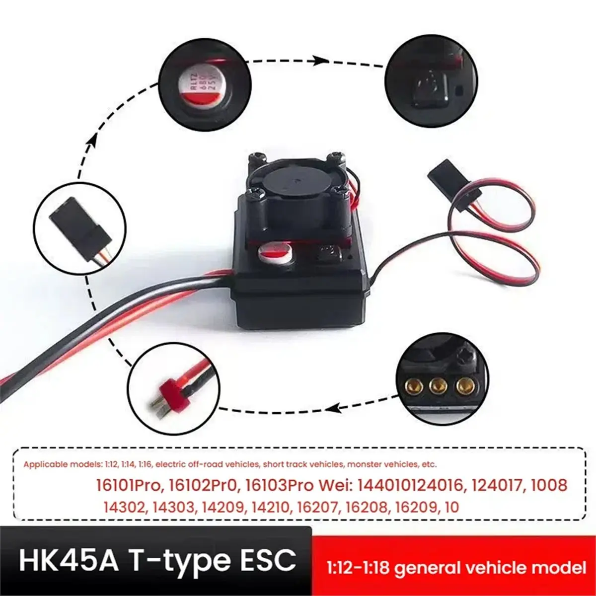 

HGHO 45A Brushless ESC, Brushless ESC with Fan, Suitable for 1:18/1:16/1:14/1:12 Monster Trucks or Off-Road Vehicles.