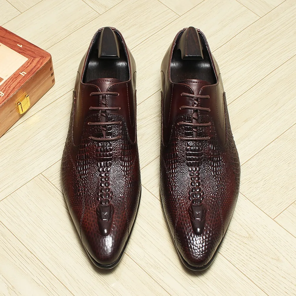 Men's Handmade Italian Style Genuine Leather Dress Shoes Pointed Toe Crocodile Pattern Wedding Oxford Business Shoes