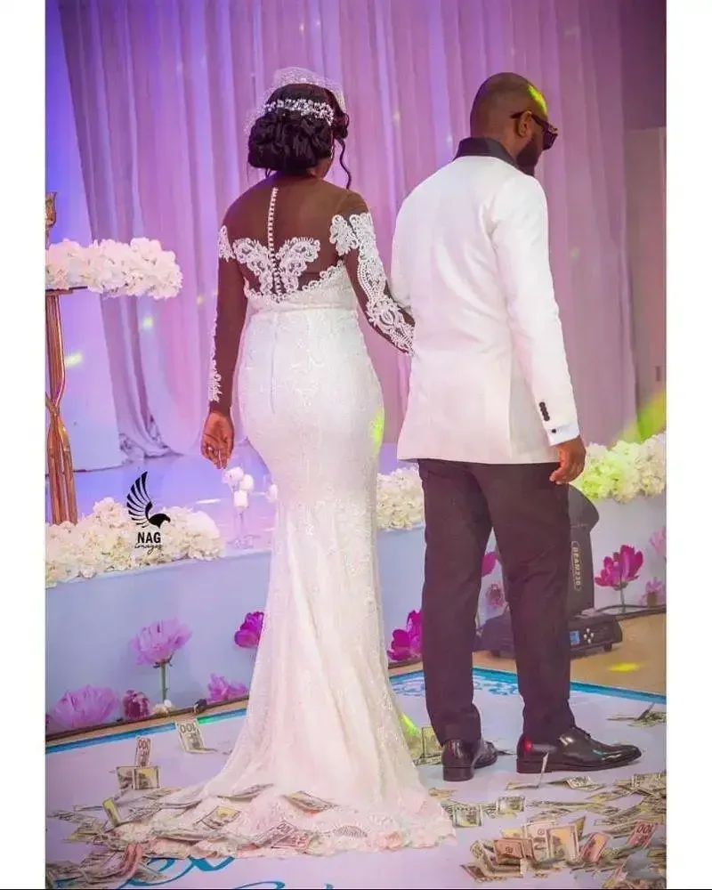 Maßgeschneiderte Meerjungfrau Sexy Brautkleider Spitze Perlen Sheer Neck Brautkleider Lange Ärmel Vintage Maßgeschneidert