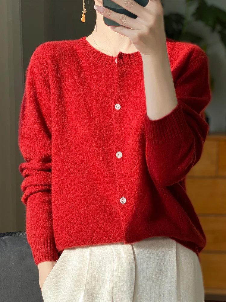 2024 Spring and Autumn Women's Cardigan Knitwear 100% Merino Mao Mao O-neck long-sleeved women's sweater Korean fashion coat