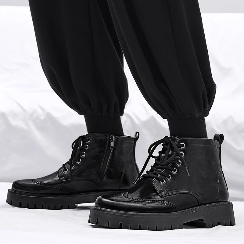 

Men High-top Fashion Chelsea Boots Motorcycle Ankle Boots Zip Lace-up Brogue Shoes Men Leather Shoes Casual Thick Soled Boots