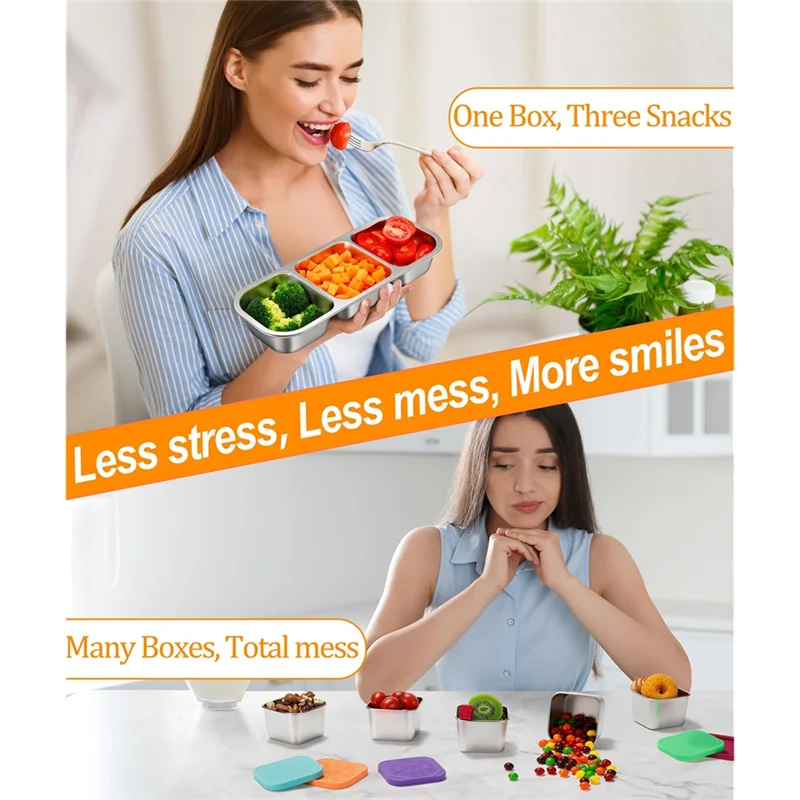 

3 Pack Stainless Steel Snack Containers For Kids & Adults With 3 Compartment - Lunchable Containers For Daycare,School